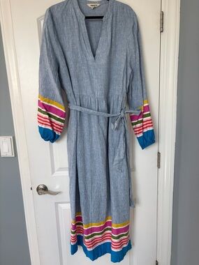 Gorgeous Linen-Blend Midi Dress with Colorful Stripe Trim